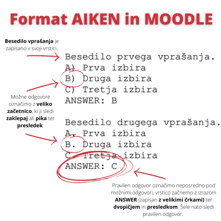 AIKEN format za uvoz vprašanj v spletno učilnico Moodle